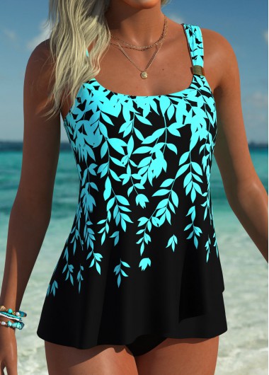 women clothes image of Black Mid Waisted Leaf Print Tankini Set