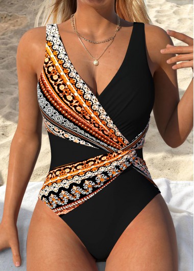 women clothes image of Multi Color Surplice Tribal Print One Piece Swimwear