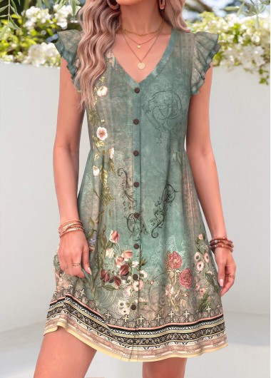 women clothes image of Sage Green Random Floral Print Short Shirred Dress