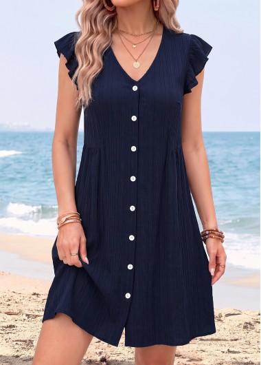 women clothes image of Navy Short Shirred V Neck Dress