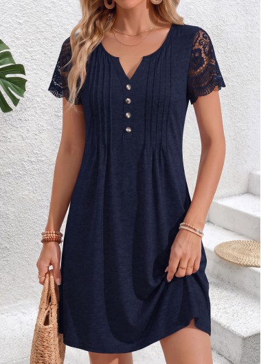 women clothes image of Navy Short Patchwork Split Neck Dress