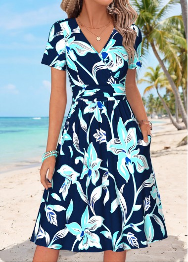 women clothes image of Multi Color Floral Print Shirred Short Sleeve Dress