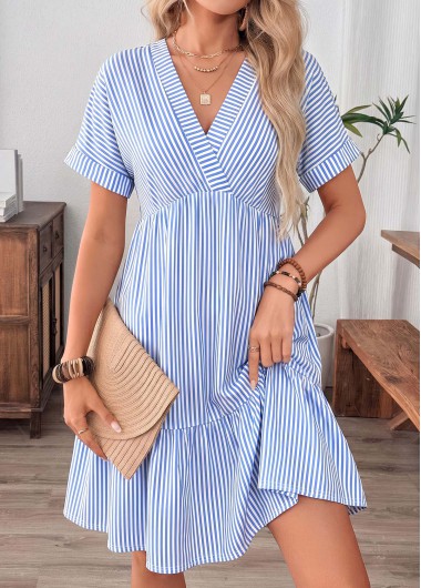 women clothes image of Blue Striped Short Surplice Cross Collar Dress