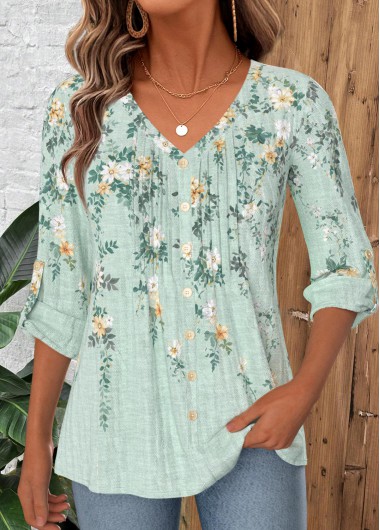 women clothes image of Green Floral Print Tuck Stitch Long Sleeve Blouse