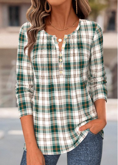 women clothes image of Green Plaid Tuck Stitch Long Sleeve T Shirt