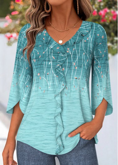 women clothes image of Blue Leaf Print Ruffle 3/4 Sleeve V Neck Blouse