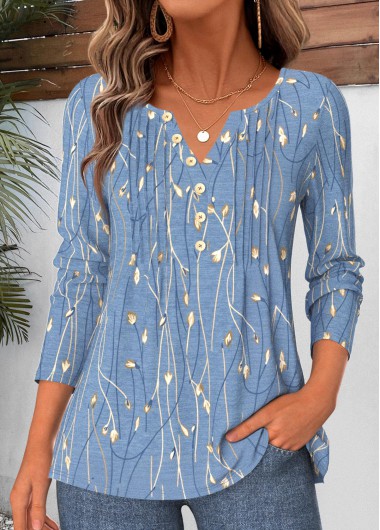 women clothes image of Blue Leaf Print Tuck Stitch Long Sleeve T Shirt