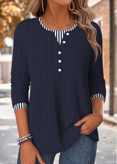 women clothes image of Navy Striped Fake 2in1 Long Sleeve T Shirt