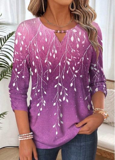 women clothes image of Purple Leaf Print Shirred 3/4 Sleeve Blouse