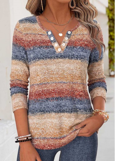 women clothes image of Multi Color Striped Shirred Long Sleeve T Shirt
