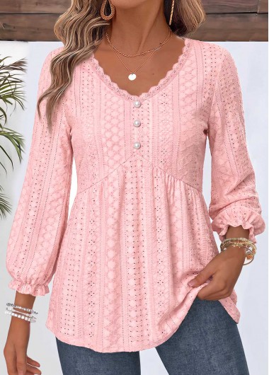 women clothes image of Light Pink Shirred Bracelet Sleeve V Neck Blouse