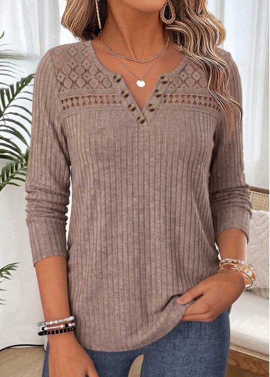 women clothes image of Light Coffee Patchwork Long Sleeve Split Neck T Shirt