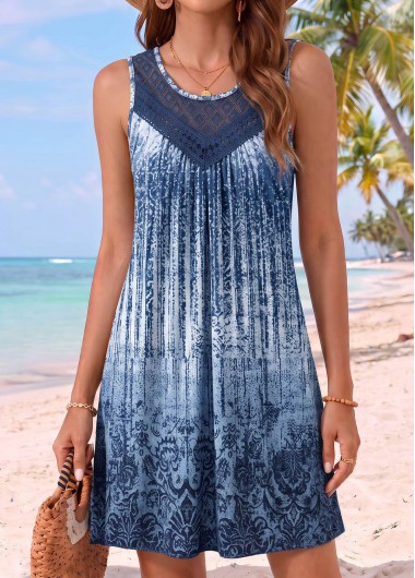 women clothes image of Blue Tribal Print Short Shirred Sleeveless Round Neck Dress