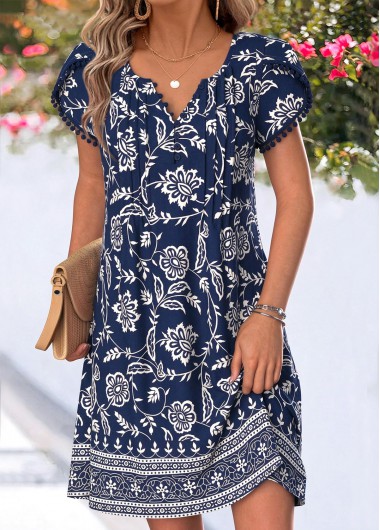 women clothes image of Navy Tribal Print Short Tuck Stitch Split Neck Dress