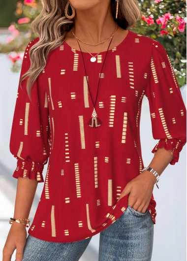 women clothes image of Red Geometric Print Smocked 3/4 Sleeve Round Neck Blouse