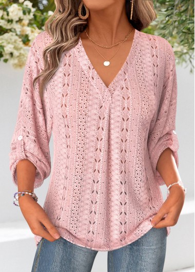 women clothes image of Light Pink Tummy Coverage 3/4 Sleeve V Neck Blouse
