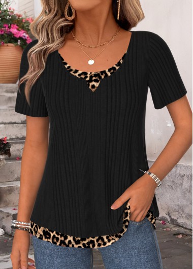 women clothes image of Black Leopard Fake 2in1 Short Sleeve T Shirt