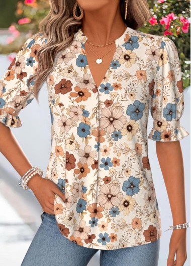women clothes image of Beige Floral Print Shirred Half Sleeve Split Neck Blouse