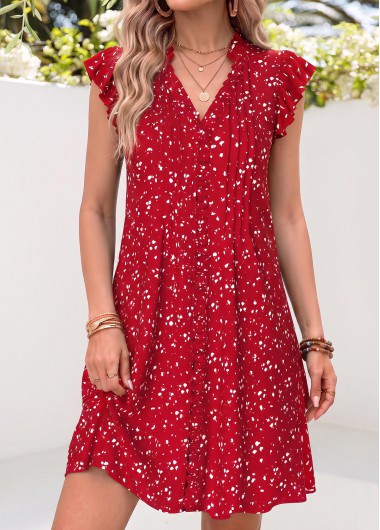 women clothes image of Red Geometric Print Short Ruffle V Neck Dress