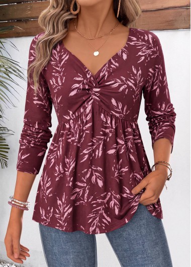 women clothes image of Purple Leaf Print Curved Hem Long Sleeve Blouse