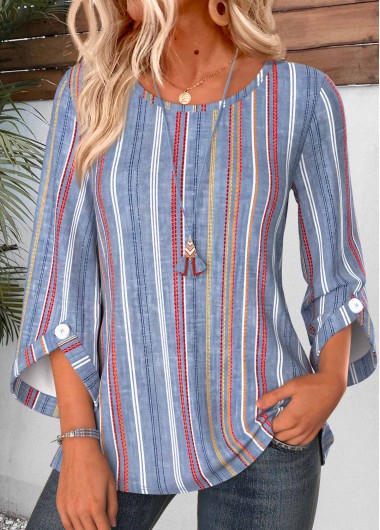 women clothes image of Blue Striped Button 3/4 Sleeve Round Neck Blouse