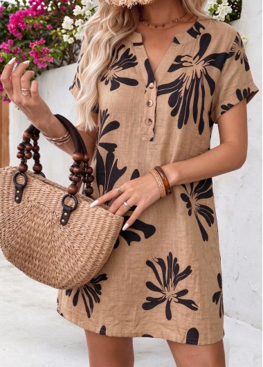 women clothes image of Light Camel Floral Print Short Tummy Coverage Dress
