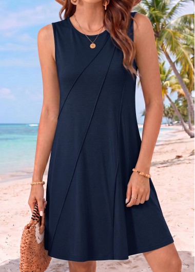 women clothes image of Navy Tummy Coverage Sleeveless Round Neck Dress