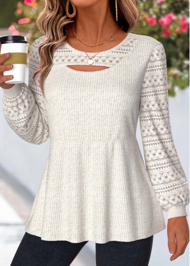 women clothes image of Beige Layered Long Sleeve Round Neck T Shirt