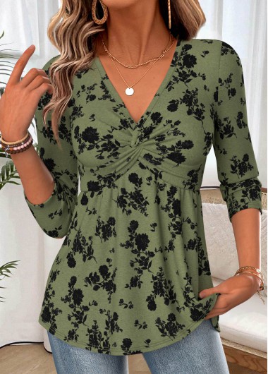 women clothes image of Green Floral Print Patchwork Long Sleeve T Shirt
