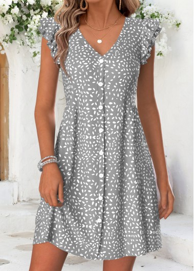 women clothes image of Grey Geometric Print Short V Neck Dress