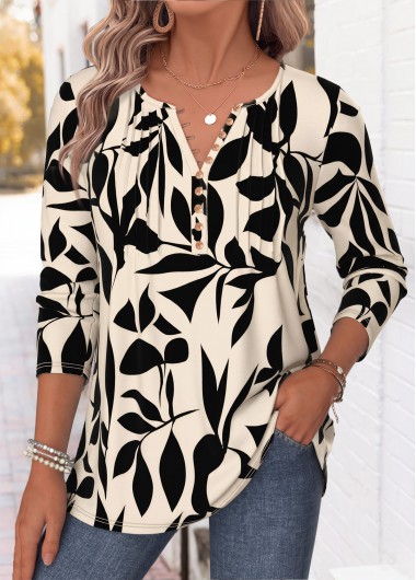 women clothes image of Beige Plants Print Tuck Stitch T Shirt