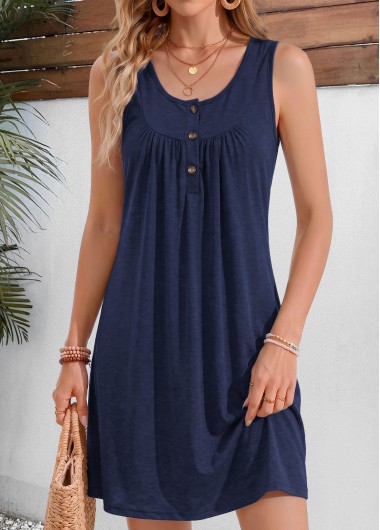women clothes image of Navy Short Shirred Sleeveless Round Neck Dress