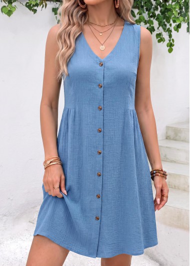 women clothes image of Blue Short Shirred Sleeveless V Neck Dress