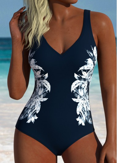 women clothes image of Navy Mid Waisted Leaf Print One Piece Swimwear