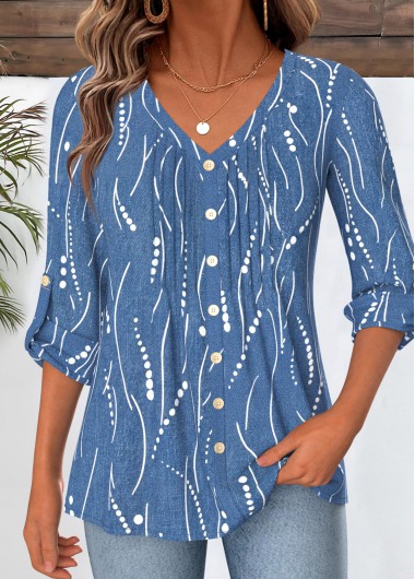 women clothes image of Blue Geometric Print Tuck Stitch Long Sleeve Blouse