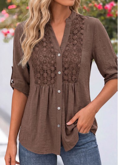 women clothes image of Dark Coffee Patchwork Long Sleeve Split Neck Shirt