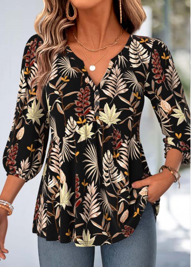 women clothes image of Black Leaf Print Curved Hem 3/4 Sleeve Blouse