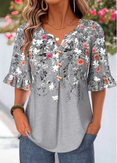 women clothes image of Light Grey Marl Floral Print Frill Half Sleeve Blouse