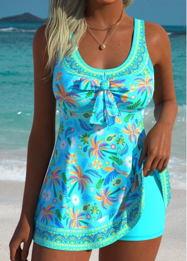 women clothes image of Cyan Mid Waisted Patchwork Tribal Print Tankini Set