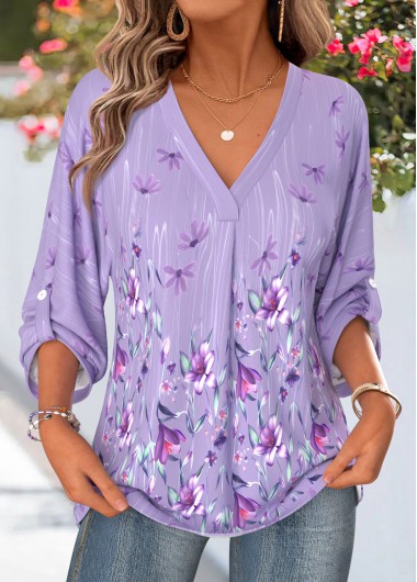 women clothes image of Light Purple Floral Print Tummy Coverage 3/4 Sleeve Blouse