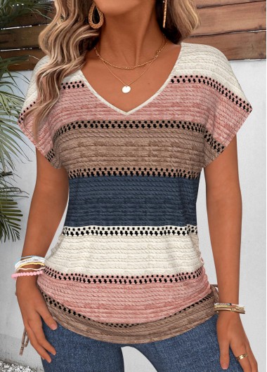 women clothes image of Multi Color Striped Adjustable Tie Short Sleeve T Shirt