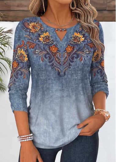 women clothes image of Dusty Blue Tribal Print Shirred 3/4 Sleeve Blouse