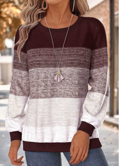 women clothes image of Dark Coffee Striped Tummy Coverage Long Sleeve Sweatshirt