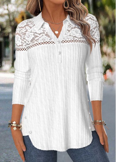 women clothes image of Raw White Patchwork Long Sleeve Shirt Collar Blouse