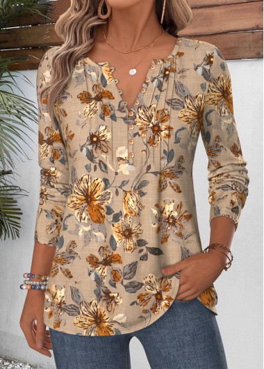 women clothes image of Light Coffee Floral Print Curved Hem T Shirt