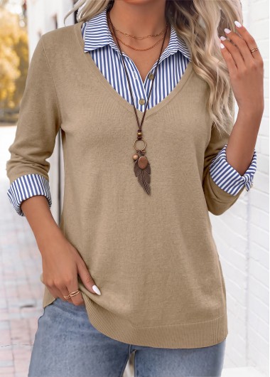 women clothes image of Light Coffee Striped Button Fake Two Piece Twinset
