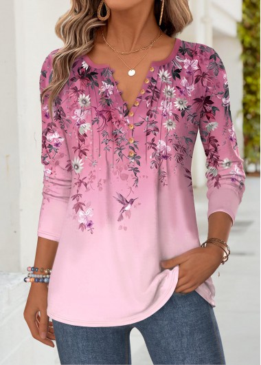 women clothes image of Pink Floral Print Curved Hem Long Sleeve T Shirt