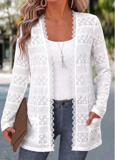 women clothes image of Raw White Double Side Pockets Long Sleeve Cardigan