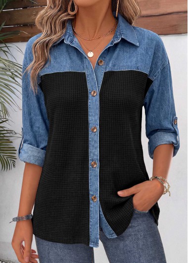 women clothes image of Black Patchwork Long Sleeve Tunic Shirt