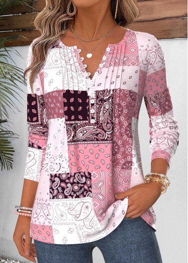 women clothes image of Pink Patchwork Tuck Stitch Long Sleeve T Shirt